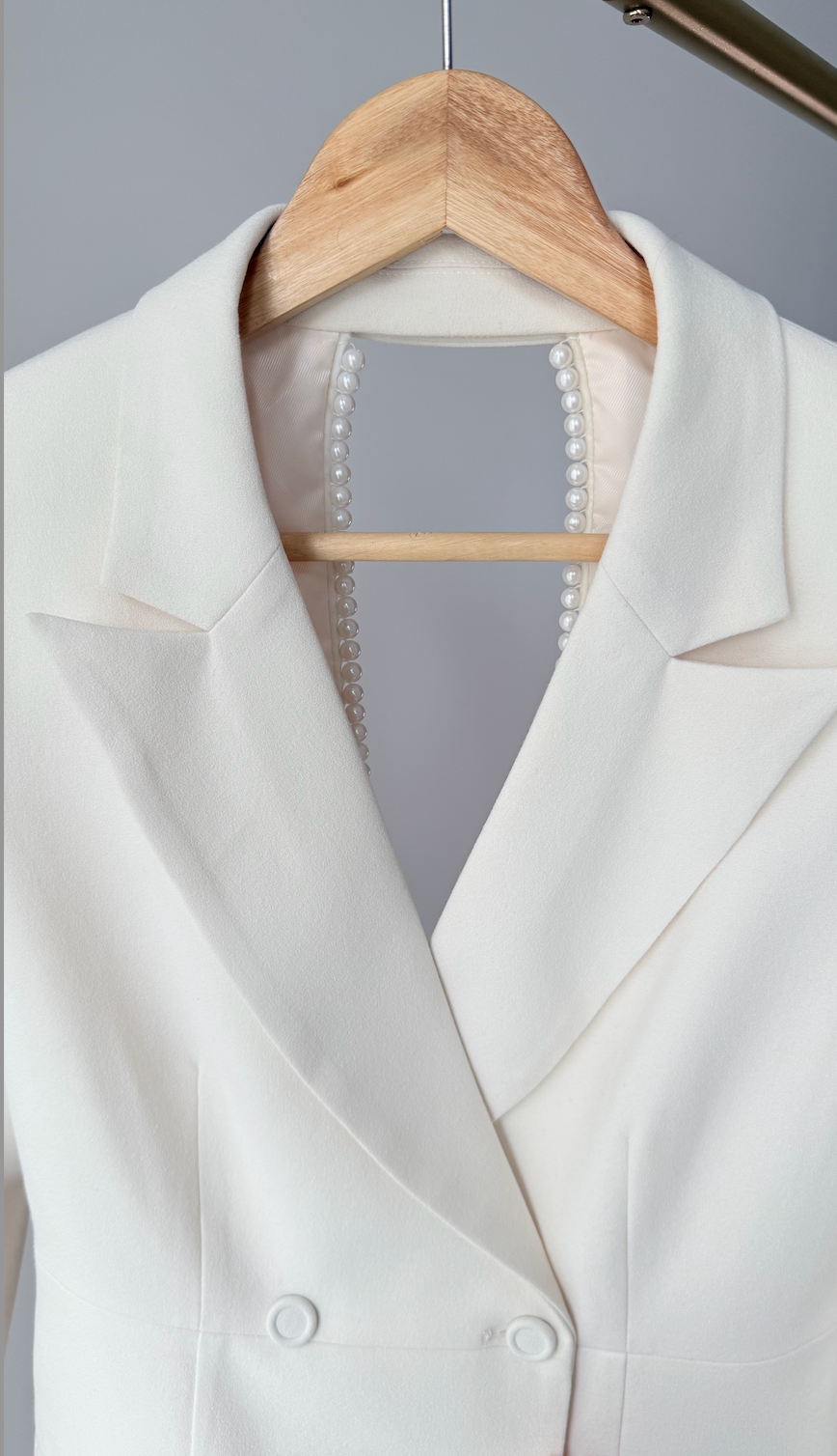 Ivory Pearl-Back Blazer Dress